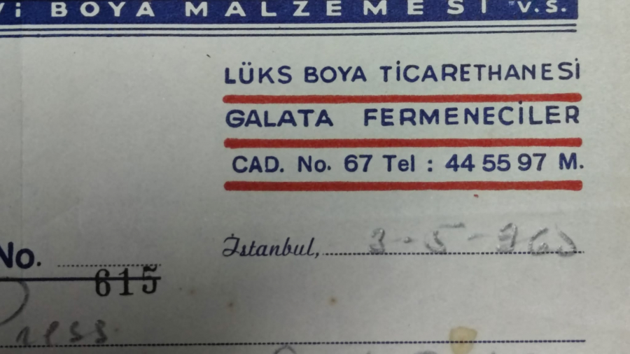 1965 YANİ FİLİPPİDİS HER NEVİ BOYA MALZEMELERİ ŞATO PRESS 3/5/1965 TARİHLİ KESİLMİŞ 1260 TL FATURA 