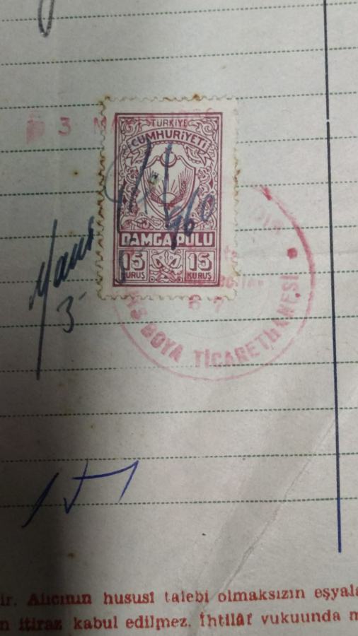 1965 YANİ FİLİPPİDİS HER NEVİ BOYA MALZEMELERİ ŞATO PRESS 3/5/1965 TARİHLİ KESİLMİŞ 1260 TL FATURA 