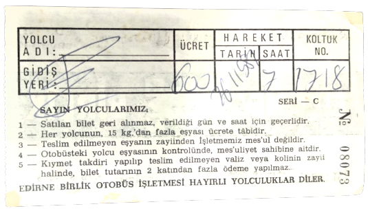 İSTANBUL EDİRNE BİRLİK 1977 YOLCU OTOBÜSÜ BİLETİ SERHAT KONFORLU TURİZM DALKILIC OTOBUS İŞLETMESİ TANERLER TURİZM EDİRNE SEYAHAT