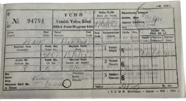 TCDD YATAKLI BİLET TREN BİLETİ ANKARA HAYDAR PAŞA  9 AGUSTOS 1974  10,50 HAREKET SAAT TARİHLİ YOLCU BİLETİ 
