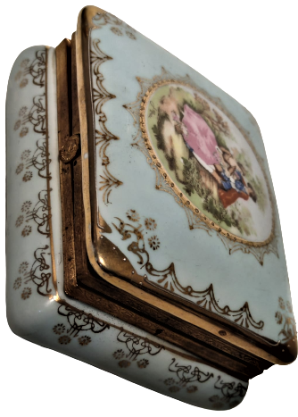 1950 FRANSIZ DAMGALI PORSELEN KAPAKLI MUCEVHER KUTUSU ÜZERİ İMZALI RESİMLİ  PRENS PRENSES FİGÜRLU