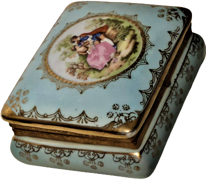 1950 FRANSIZ DAMGALI PORSELEN KAPAKLI MUCEVHER KUTUSU ÜZERİ İMZALI RESİMLİ  PRENS PRENSES FİGÜRLU