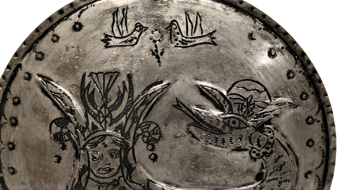 YILANLARIN ŞAHI ŞAHMERAN CİFT BAŞLI TACLI BAKIR ÜZERİNE TAMAMI EL YAPIMI KALAYLANMIŞ BOMBELİ TABAK