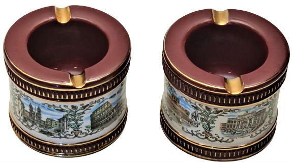 KOLOZYUM FORMDA ROMA NIN TARİHİ YERLERİNİN RESMEDİLMİŞ OLDUGU KAHVERENK VE ALTIN CEKMELER OLAN PORSELEN CİFT KÜLLÜK