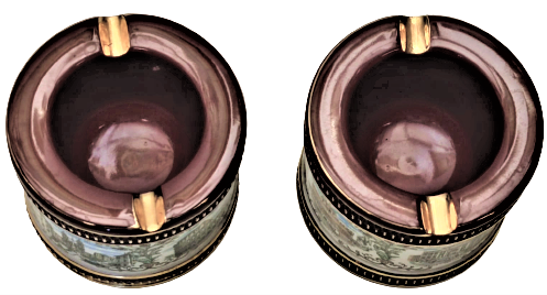 KOLOZYUM FORMDA ROMA NIN TARİHİ YERLERİNİN RESMEDİLMİŞ OLDUGU KAHVERENK VE ALTIN CEKMELER OLAN PORSELEN CİFT KÜLLÜK