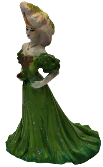 1968 İRFAN SANATCI İMZALI ALCI EL BOYAMA YEŞİL GECE TUVALET ELBİSELİ ŞAPKALI ELİNDE CİCEK BUKETİ TUTMAKDA