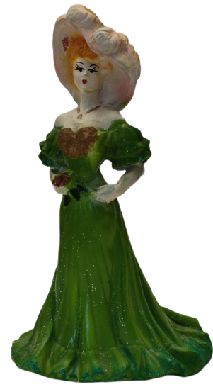 1968 İRFAN SANATCI İMZALI ALCI EL BOYAMA YEŞİL GECE TUVALET ELBİSELİ ŞAPKALI ELİNDE CİCEK BUKETİ TUTMAKDA