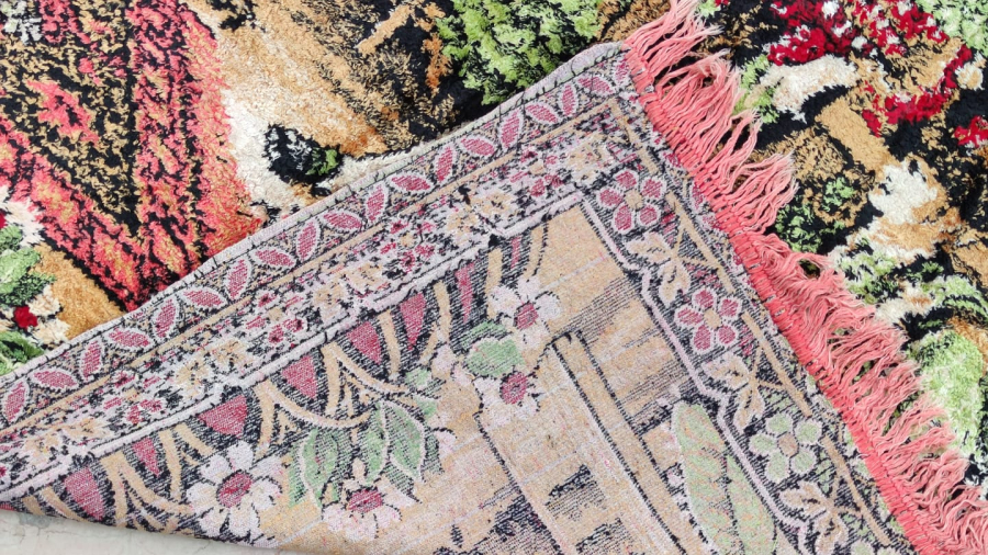 1950 FİLOŞ EL TEZGAH DOKUMASI DANS EDEN RAKKASELER VE CALGI CALAN CENGİLER CANLI RENKLERDE DUVAR HALISI