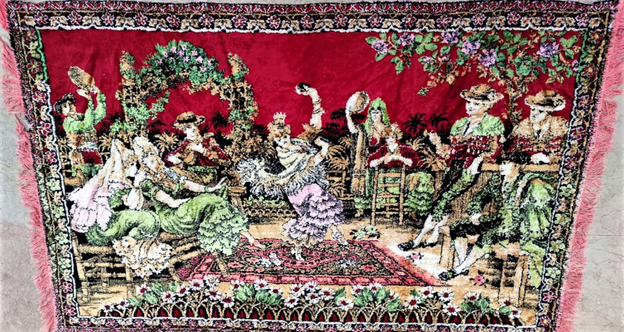 1950 FİLOŞ EL TEZGAH DOKUMASI DANS EDEN RAKKASELER VE CALGI CALAN CENGİLER CANLI RENKLERDE DUVAR HALISI