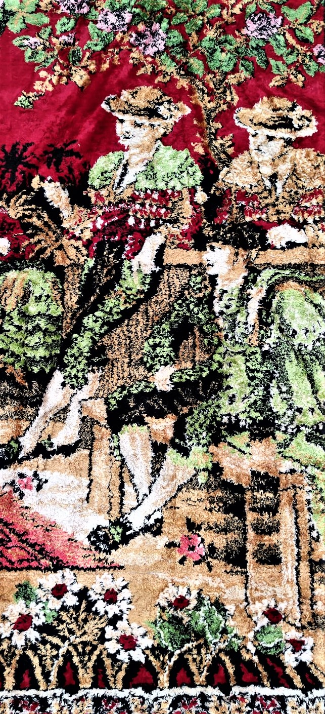 1950 FİLOŞ EL TEZGAH DOKUMASI DANS EDEN RAKKASELER VE CALGI CALAN CENGİLER CANLI RENKLERDE DUVAR HALISI