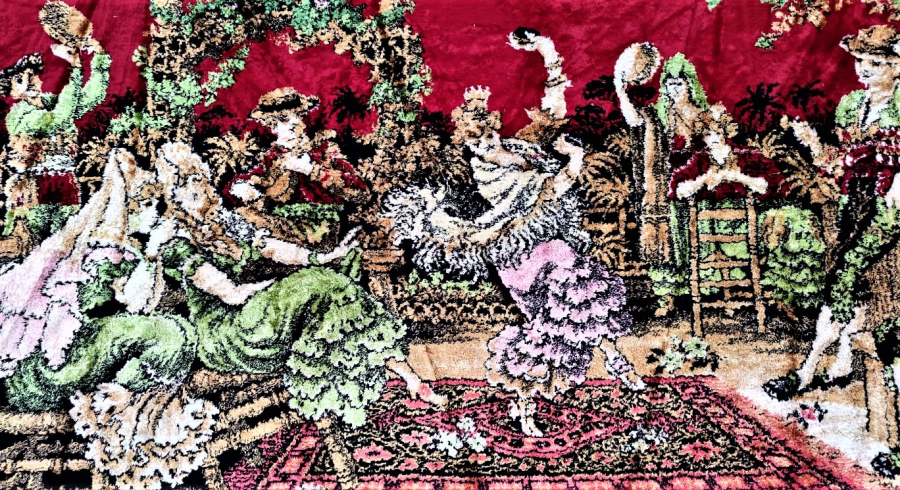 1950 FİLOŞ EL TEZGAH DOKUMASI DANS EDEN RAKKASELER VE CALGI CALAN CENGİLER CANLI RENKLERDE DUVAR HALISI