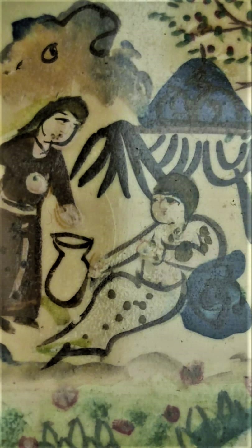 KEMİK ÜZERİNE KOMPLE EL CİZİM SANATCI İŞİ  MINYATUR YAGLI BOYA RESİM SUNTANA HİZMET EDERLERKEN RESMEDİLMİŞ MASİF ORJINAL CERCEVESİNDE