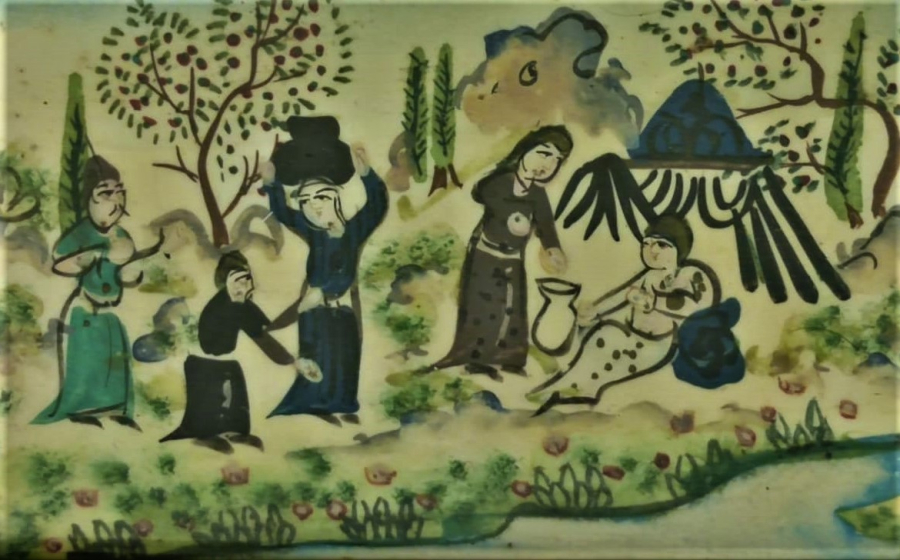 KEMİK ÜZERİNE KOMPLE EL CİZİM SANATCI İŞİ  MINYATUR YAGLI BOYA RESİM SUNTANA HİZMET EDERLERKEN RESMEDİLMİŞ MASİF ORJINAL CERCEVESİNDE