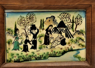 KEMİK ÜZERİNE KOMPLE EL CİZİM SANATCI İŞİ  MINYATUR YAGLI BOYA RESİM SUNTANA HİZMET EDERLERKEN RESMEDİLMİŞ MASİF ORJINAL CERCEVESİNDE