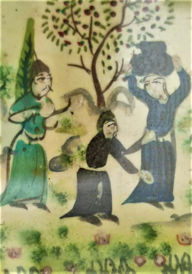 KEMİK ÜZERİNE KOMPLE EL CİZİM SANATCI İŞİ  MINYATUR YAGLI BOYA RESİM SUNTANA HİZMET EDERLERKEN RESMEDİLMİŞ MASİF ORJINAL CERCEVESİNDE