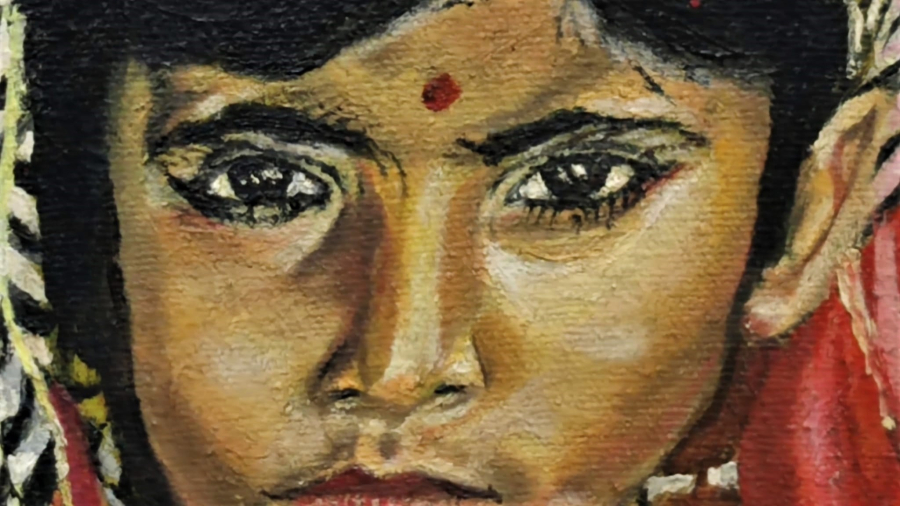 SANATCI İMZALI  TUAL ÜZERİNE YAGLIBOYA CALIŞMA ANLINA  ELLERİNE KUTSAL BOYALAR SÜRMÜŞ BUDİST KIZ