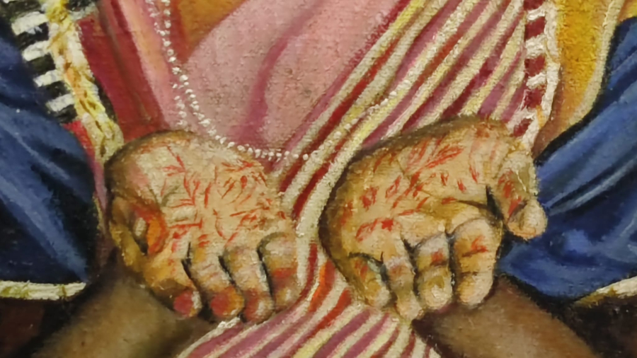 SANATCI İMZALI  TUAL ÜZERİNE YAGLIBOYA CALIŞMA ANLINA  ELLERİNE KUTSAL BOYALAR SÜRMÜŞ BUDİST KIZ