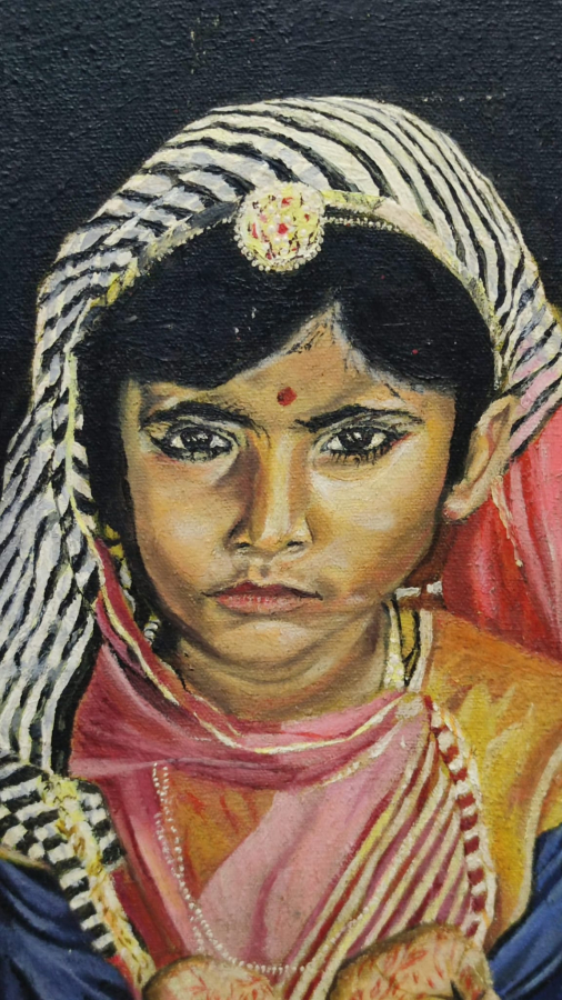 SANATCI İMZALI  TUAL ÜZERİNE YAGLIBOYA CALIŞMA ANLINA  ELLERİNE KUTSAL BOYALAR SÜRMÜŞ BUDİST KIZ