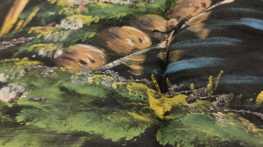 İPEK ÜZERİNE YAGLI BOYAMA SANATCI İŞİ TAMAMI EL İŞCİLİKLİ DEREDEN SU İÇEN  İKİ ADET CEYLAN YAVRUSUNA BAKAN ANNE GEYİK