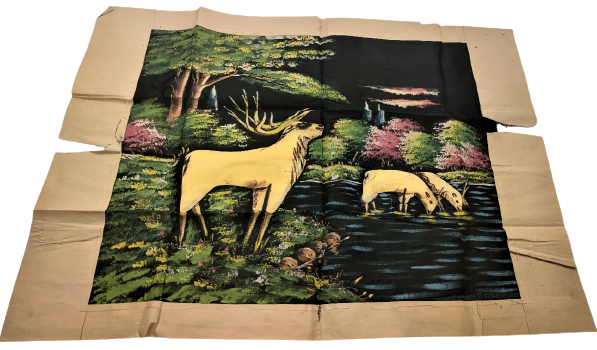 İPEK ÜZERİNE YAGLI BOYAMA SANATCI İŞİ TAMAMI EL İŞCİLİKLİ DEREDEN SU İÇEN  İKİ ADET CEYLAN YAVRUSUNA BAKAN ANNE GEYİK