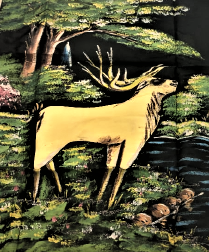 İPEK ÜZERİNE YAGLI BOYAMA SANATCI İŞİ TAMAMI EL İŞCİLİKLİ DEREDEN SU İÇEN  İKİ ADET CEYLAN YAVRUSUNA BAKAN ANNE GEYİK