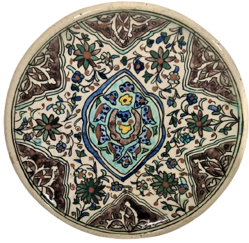 1932 NAFİ İMZALI KUTAHYA CİNİ DUVAR TABAGI ALTI KÖŞE YILDIZ ORTADA GÖZ VE İÇİNDE NAL ETRAFI CİCEKLERLE DÖNÜLMÜŞ NAZAR TABAGI