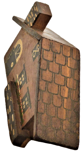 1960 EMLAK KREDİ BANKASI TEK KATLI BAHCELİ EV ŞEKLİNDE TASARLANMIŞ AHŞAP KUMBARA ARKASINDA BULUNAN KAPAGI YOKTUR