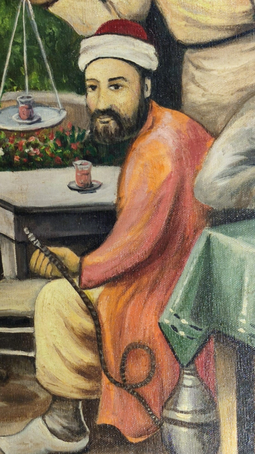 D.1944 O. 2024 SANATCI YAKUP HÜSEYİNZADE İMZALI  OSMANLI KAHVEHANEDE KAGIT OYUNU OYNAYANLAR TUAL UZERİNE YAGLI BOYA