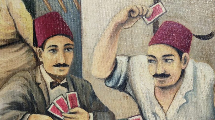 D.1944 O. 2024 SANATCI YAKUP HÜSEYİNZADE İMZALI  OSMANLI KAHVEHANEDE KAGIT OYUNU OYNAYANLAR TUAL UZERİNE YAGLI BOYA