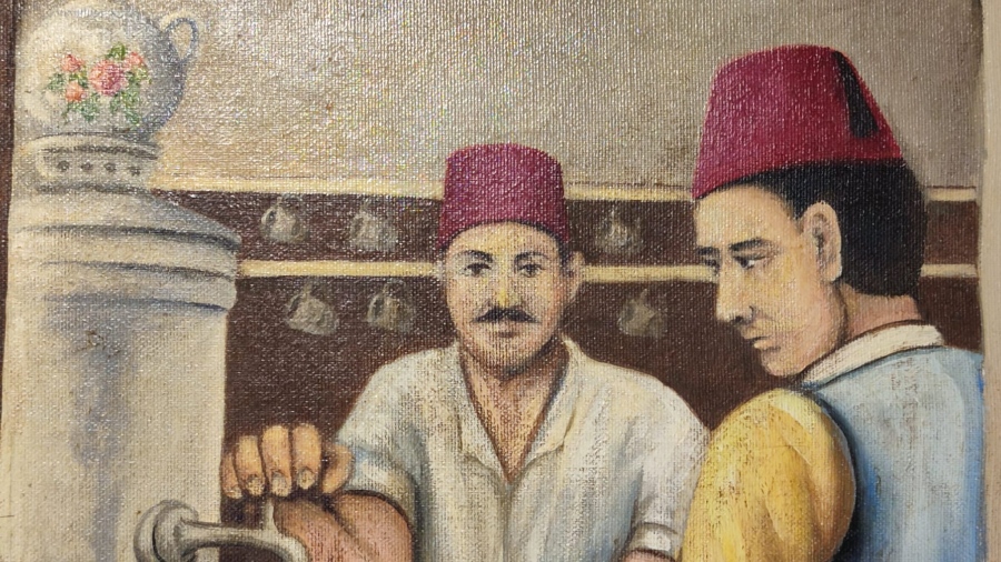 D.1944 O. 2024 SANATCI YAKUP HÜSEYİNZADE İMZALI  OSMANLI KAHVEHANEDE KAGIT OYUNU OYNAYANLAR TUAL UZERİNE YAGLI BOYA