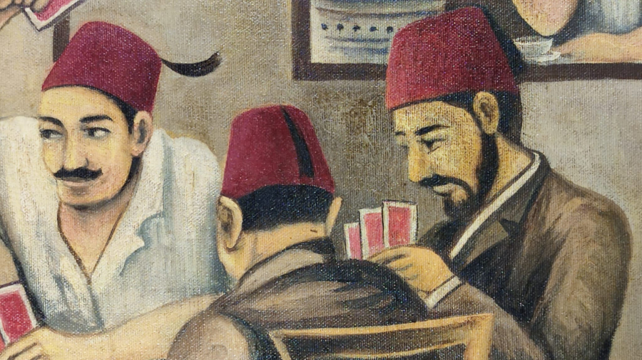 D.1944 O. 2024 SANATCI YAKUP HÜSEYİNZADE İMZALI  OSMANLI KAHVEHANEDE KAGIT OYUNU OYNAYANLAR TUAL UZERİNE YAGLI BOYA