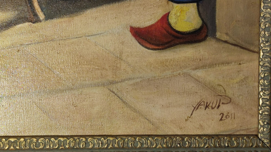 D.1944 O. 2024 SANATCI YAKUP HÜSEYİNZADE İMZALI  OSMANLI KAHVEHANEDE KAGIT OYUNU OYNAYANLAR TUAL UZERİNE YAGLI BOYA