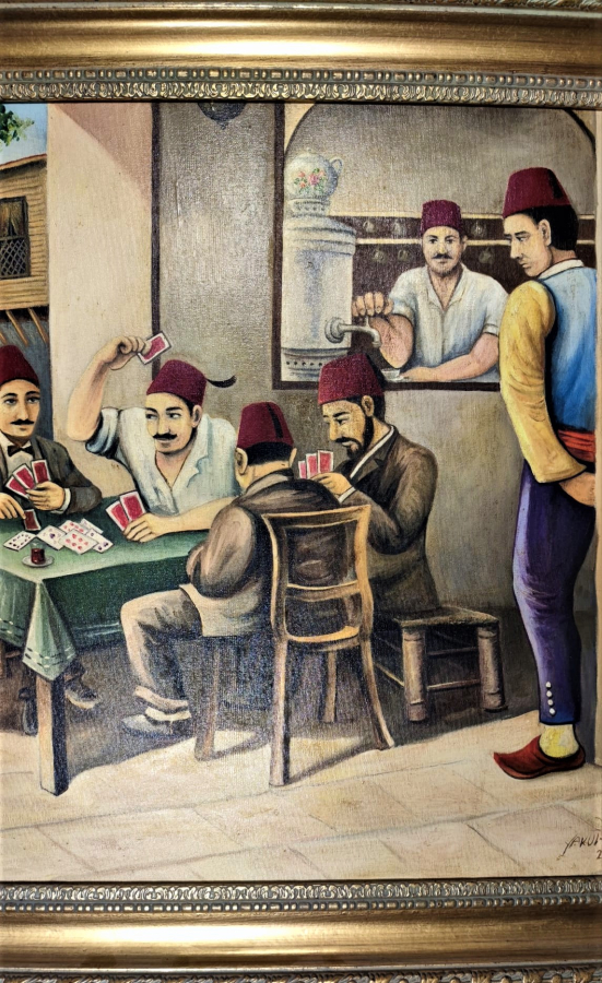 D.1944 O. 2024 SANATCI YAKUP HÜSEYİNZADE İMZALI  OSMANLI KAHVEHANEDE KAGIT OYUNU OYNAYANLAR TUAL UZERİNE YAGLI BOYA