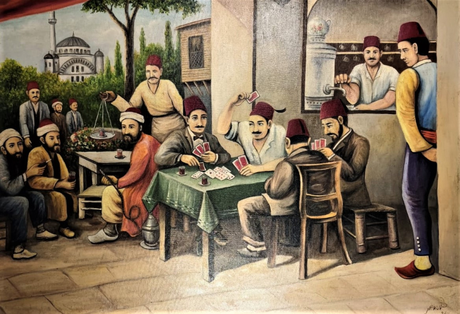 D.1944 O. 2024 SANATCI YAKUP HÜSEYİNZADE İMZALI  OSMANLI KAHVEHANEDE KAGIT OYUNU OYNAYANLAR TUAL UZERİNE YAGLI BOYA