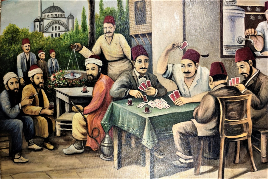 D.1944 O. 2024 SANATCI YAKUP HÜSEYİNZADE İMZALI  OSMANLI KAHVEHANEDE KAGIT OYUNU OYNAYANLAR TUAL UZERİNE YAGLI BOYA