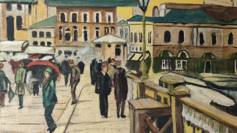 D.1944 O.2024 SANATCI YAKUP HÜSEYİNZADE İMZALI OSMANLI TAHTA GALATA KÖPRÜSÜNDEN GECEN İNSANLAR CALIŞMASI  TUAL UZERİNE YAGLI BOYA