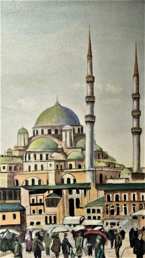 D.1944 O.2024 SANATCI YAKUP HÜSEYİNZADE İMZALI OSMANLI TAHTA GALATA KÖPRÜSÜNDEN GECEN İNSANLAR CALIŞMASI  TUAL UZERİNE YAGLI BOYA