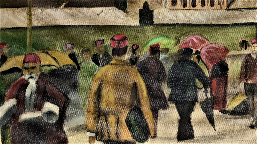 D.1944 O.2024 SANATCI YAKUP HÜSEYİNZADE İMZALI OSMANLI TAHTA GALATA KÖPRÜSÜNDEN GECEN İNSANLAR CALIŞMASI  TUAL UZERİNE YAGLI BOYA