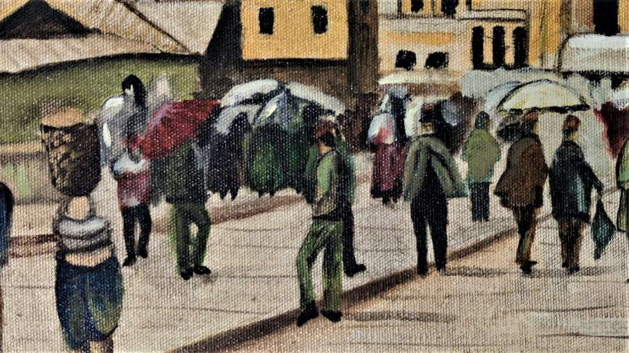 D.1944 O.2024 SANATCI YAKUP HÜSEYİNZADE İMZALI OSMANLI TAHTA GALATA KÖPRÜSÜNDEN GECEN İNSANLAR CALIŞMASI  TUAL UZERİNE YAGLI BOYA