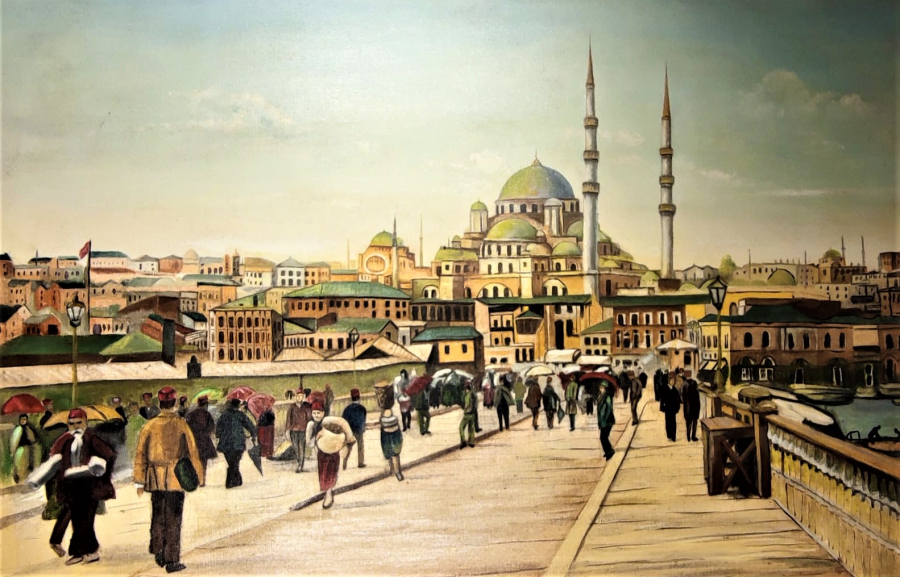 D.1944 O.2024 SANATCI YAKUP HÜSEYİNZADE İMZALI OSMANLI TAHTA GALATA KÖPRÜSÜNDEN GECEN İNSANLAR CALIŞMASI  TUAL UZERİNE YAGLI BOYA