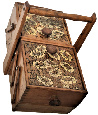 1960 AHŞAP DÖRT GÖZLÜ ACILIR KAPANIR TAM TAKIM DİKİŞ KUTUSU KULPLU TAŞINABİLİR