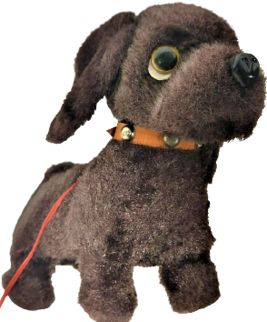 1970 PİLLİ KOYU KAHVERENGİ PELÜŞ KAPLI YURURKEN HAVLAYAN PİL KUTULU HAREKETLİ OYUNCAK  KÖPEK