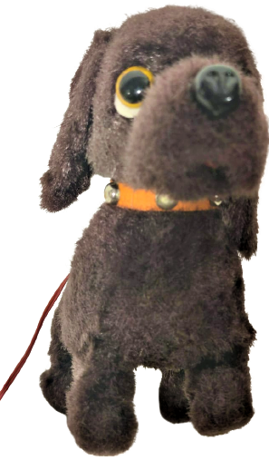 1970 PİLLİ KOYU KAHVERENGİ PELÜŞ KAPLI YURURKEN HAVLAYAN PİL KUTULU HAREKETLİ OYUNCAK  KÖPEK