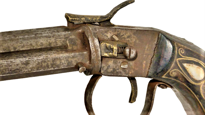 ÜC NAMLULU MEKANİK SEDEF KAKMALI KABZA EL YAPIMI ANTEP DOLDURMA CAKMAKLI TABANCA