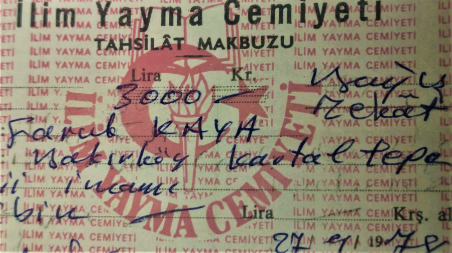 1978 TARİHLİ 3003 LİRA VERİLEREK ALINMIŞ İLİM YAYMA CEMİYETİ TAHSİLAT MAKBUZU 