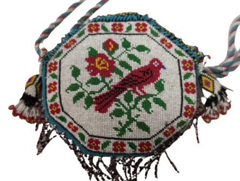 HAPİSHANE EL İŞİ ORİJİNAL RENKLİ CAM UFAK BONCUK İŞLEME ESKİ CİFT TARAFI KUŞLU ASKILI CANTA