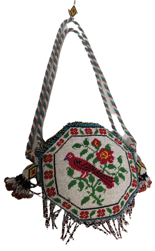 HAPİSHANE EL İŞİ ORİJİNAL RENKLİ CAM UFAK BONCUK İŞLEME ESKİ CİFT TARAFI KUŞLU ASKILI CANTA