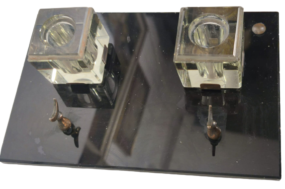 1910 OSMANLI  CİFT BİLLÜR CAM KAİDELİ HOKKA DİVİT KALEM KOYMA YERİ CİFT HİLAL ALEM YAZI HOKKA TAKIMI