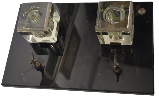 1910 OSMANLI  CİFT BİLLÜR CAM KAİDELİ HOKKA DİVİT KALEM KOYMA YERİ CİFT HİLAL ALEM YAZI HOKKA TAKIMI