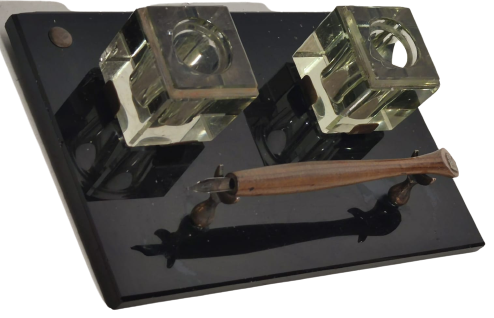 1910 OSMANLI  CİFT BİLLÜR CAM KAİDELİ HOKKA DİVİT KALEM KOYMA YERİ CİFT HİLAL ALEM YAZI HOKKA TAKIMI